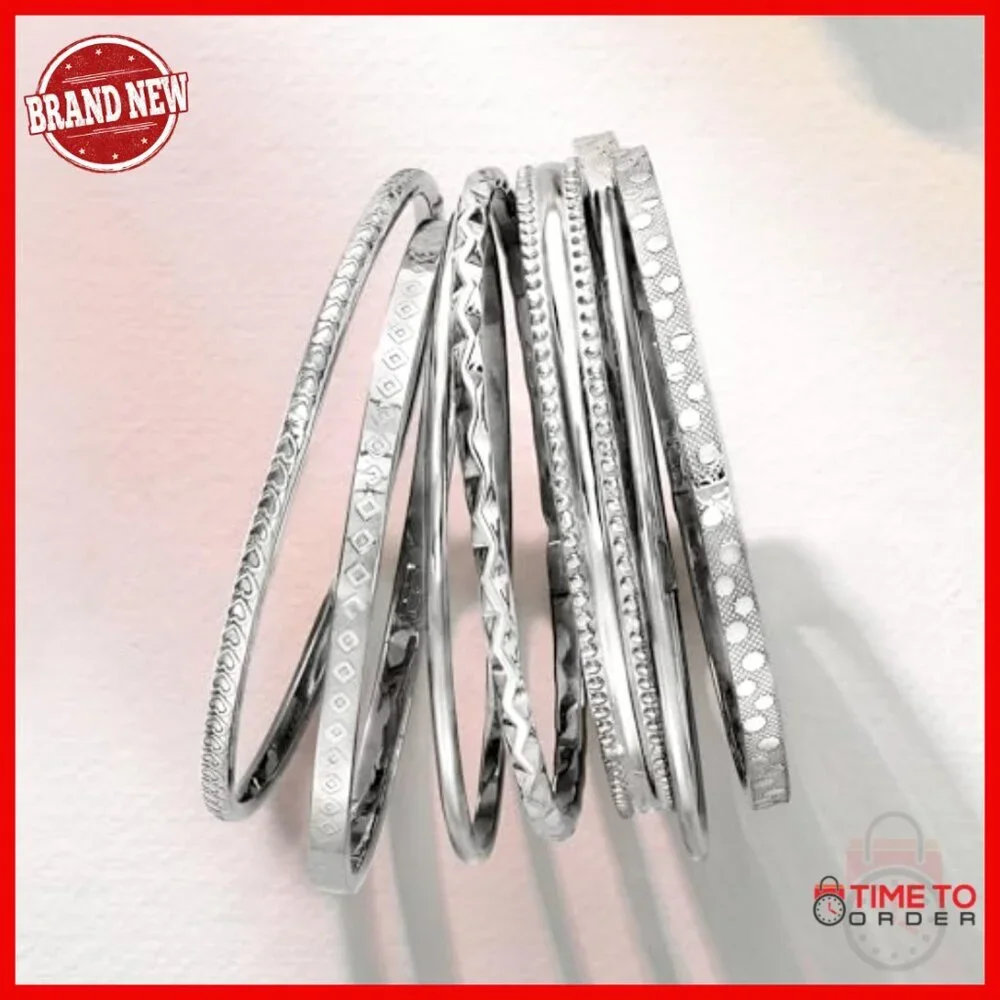 Sterling Silver Bangle Bracelet Set, 7 Textured Bangles, Clasp-Free
